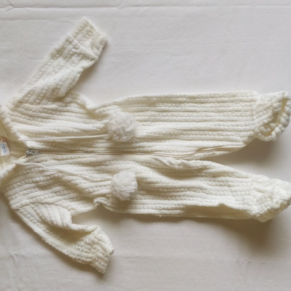vintage tiny tots knitting mills white knit jumpsuit with hood newborn baby - Picture 5 of 9
